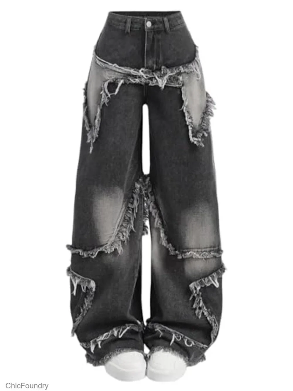 Y2K Baggy Wide Leg Raw Hem Star Patchwork Jeans Girls Teens